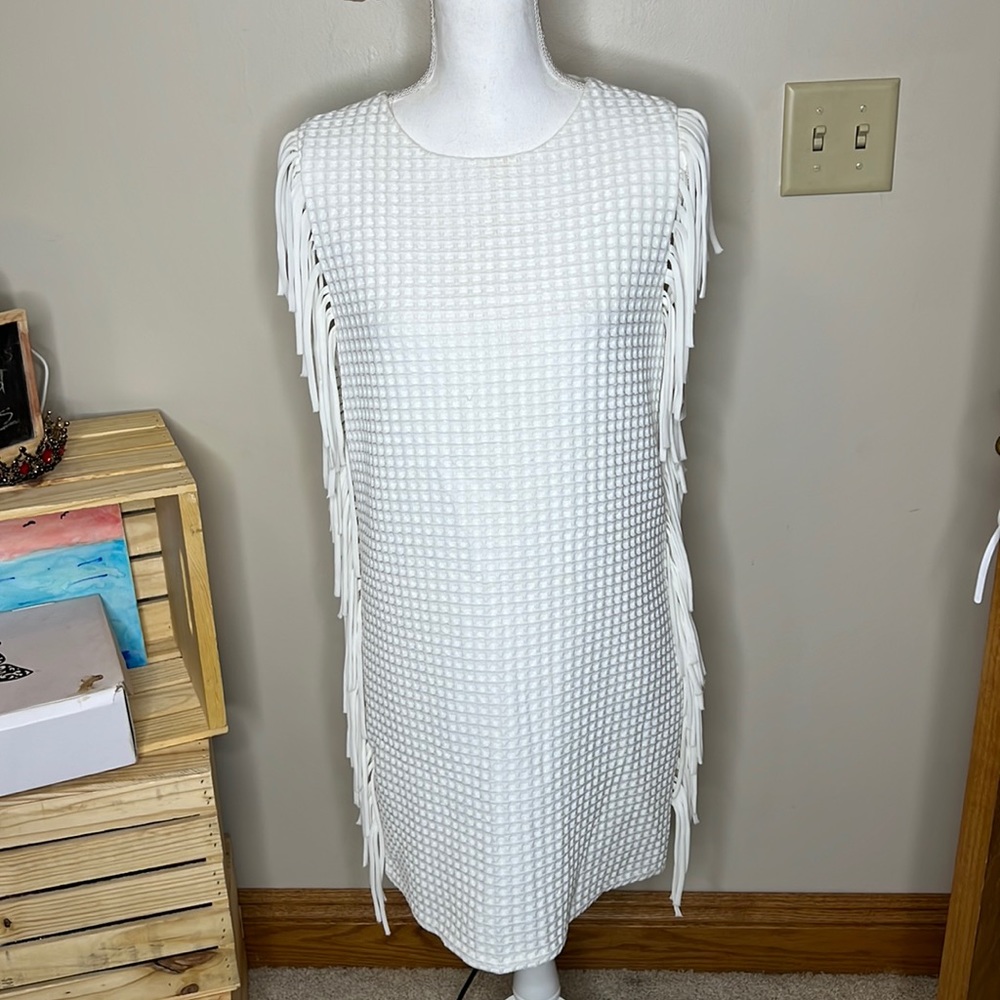 English Factory White Fringe Shift Dress Size M
